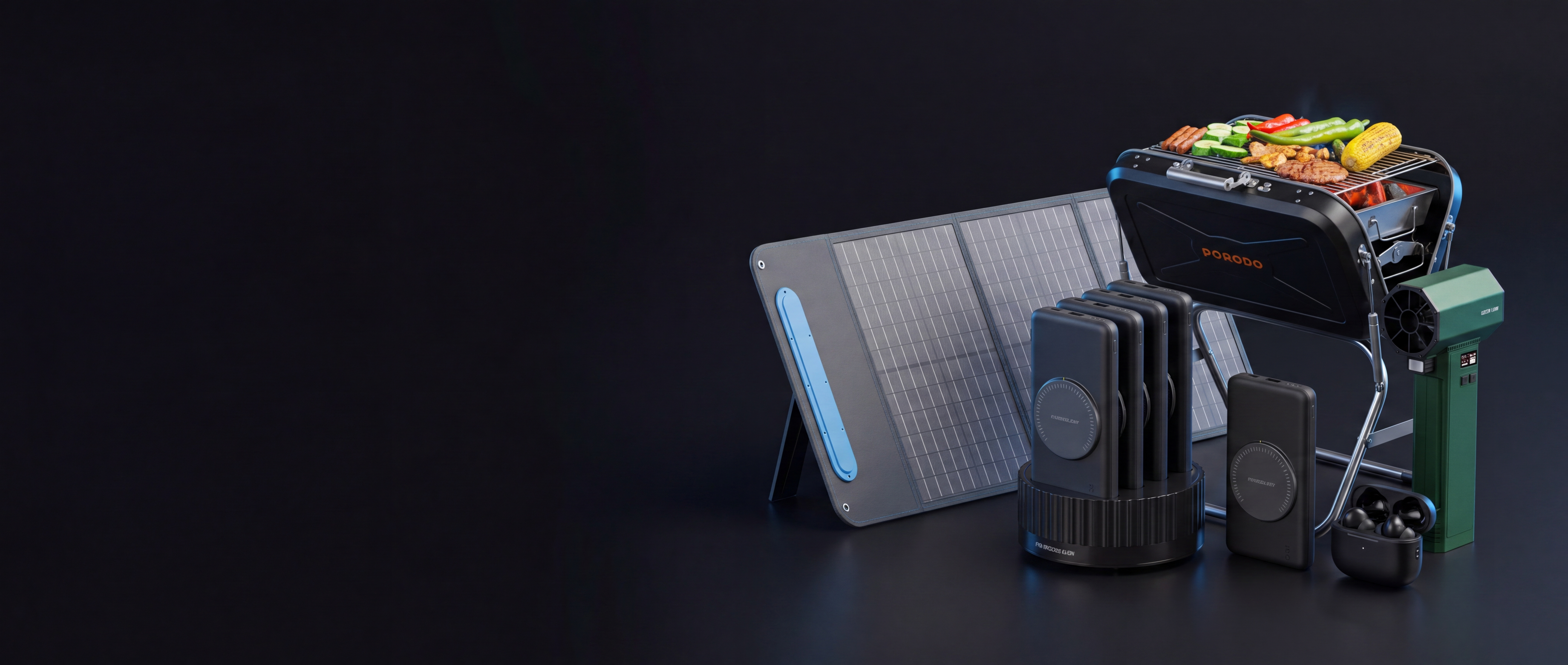 Powerbanks, Powerstation, tragbarer Grill, Solarpanel, Kopfhörer und Ventilator